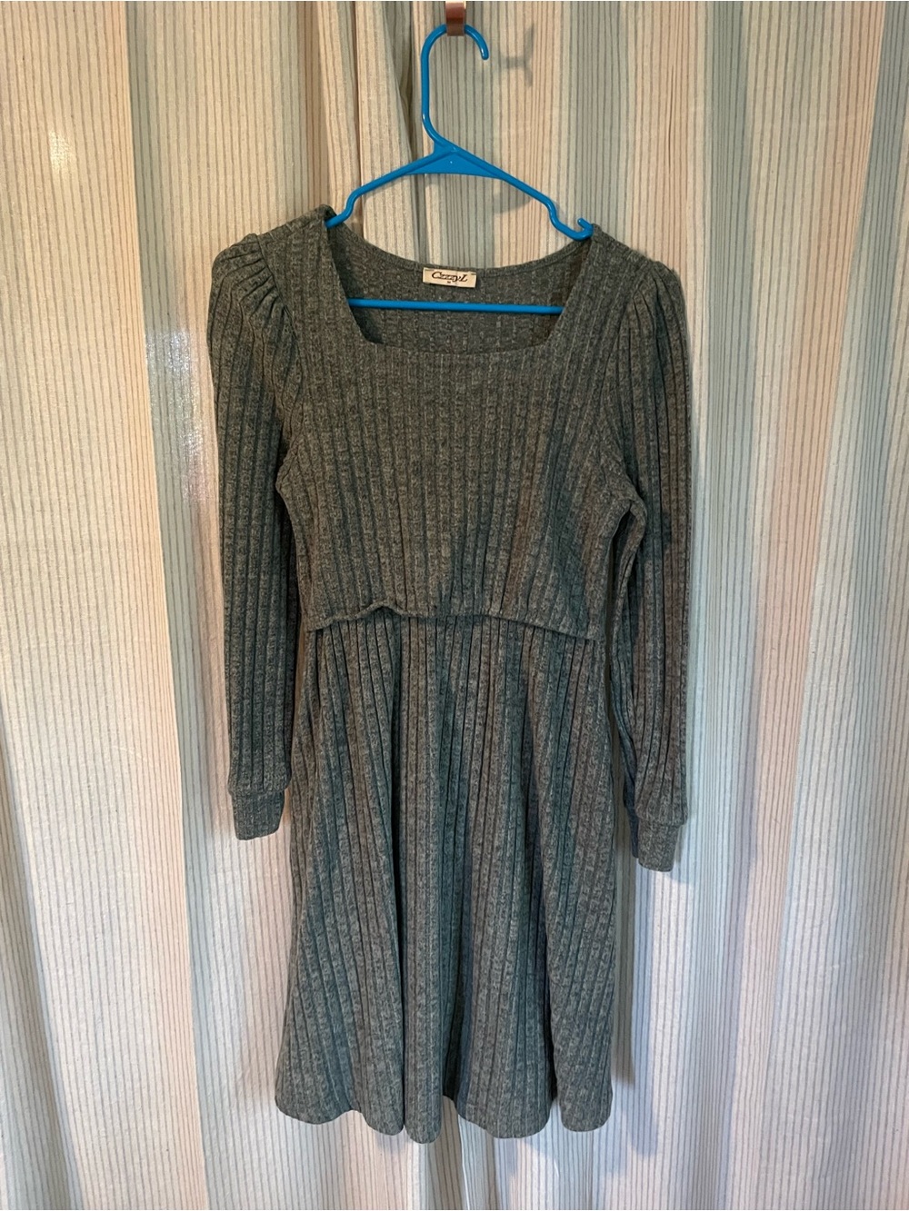 Ribbed Long-Sleeve Knit Nursing Dress - Green/Gray